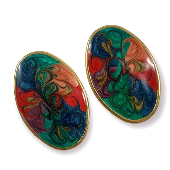 Vintage large enamel hand painted psychedelic earrings - Picture 1 of 14